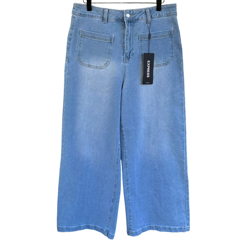 Express Womens High Rise Wide Leg Cropped Patch Pocket Jeans Light Wash 12 NEW